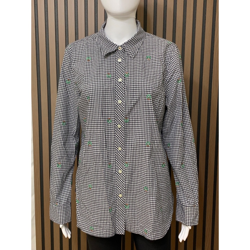 Talbots Women's Gingham Christmas Wreath Embroidered Button Down Shirt Black L